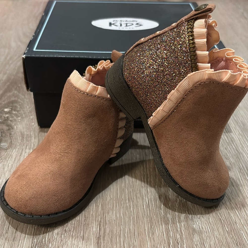 Faux suede ruffle trim glitter boot